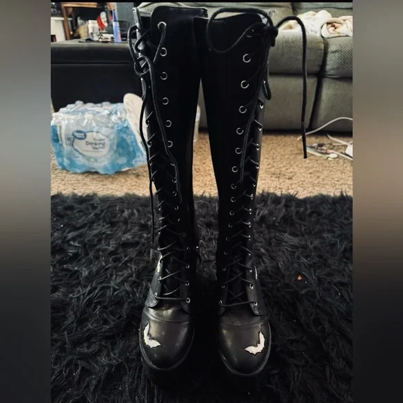 Holographic Bat black Goth Tall Lace-Up Combat Heeled boots - Picture 3 of 6